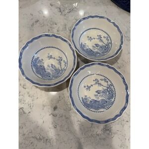 Furnivals Quail Blue White Soup Pasta Bowls Set of 3 Made in England 8.5 Inch